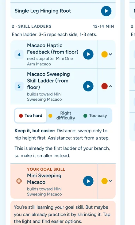 Program page: a day card with skill ladders and the easier / harder color check open