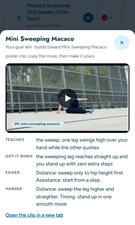 Program page: an exercise video playing in the video sheet